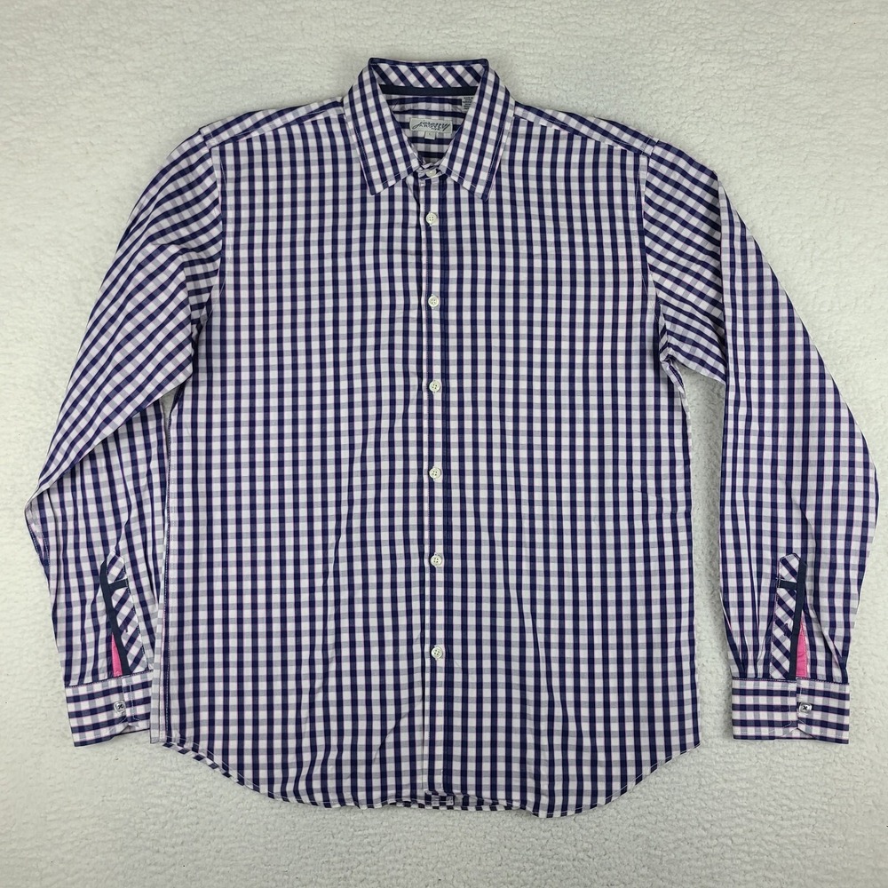 Jeremy Argyle NYC Shirt Mens Large Blue Purple Check Plaid Dress Button‎ Up